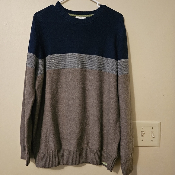 Kathmandu Mens 100% Merino Wool Sweater Size Large Blue Khaki Colorblock - Picture 1 of 7